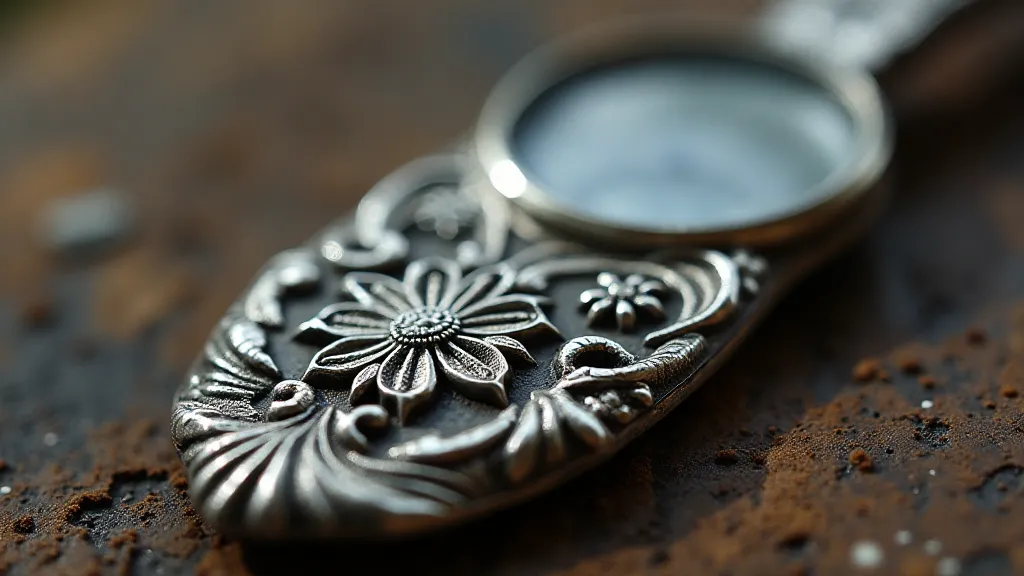 Close-up of a silver button hook showcasing hallmarks and floral engraving.