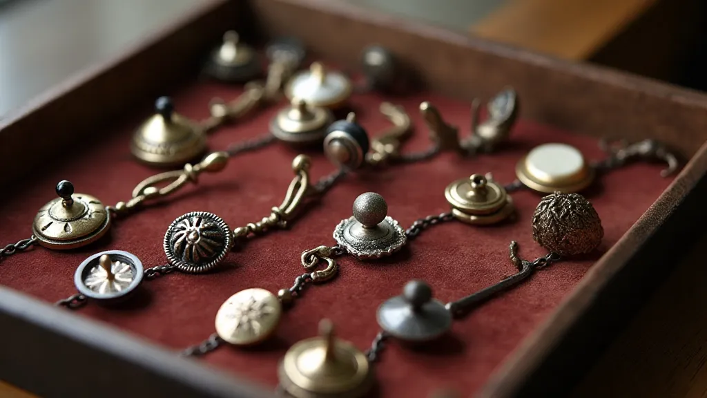 Collection of vintage button hooks displayed on a tray.