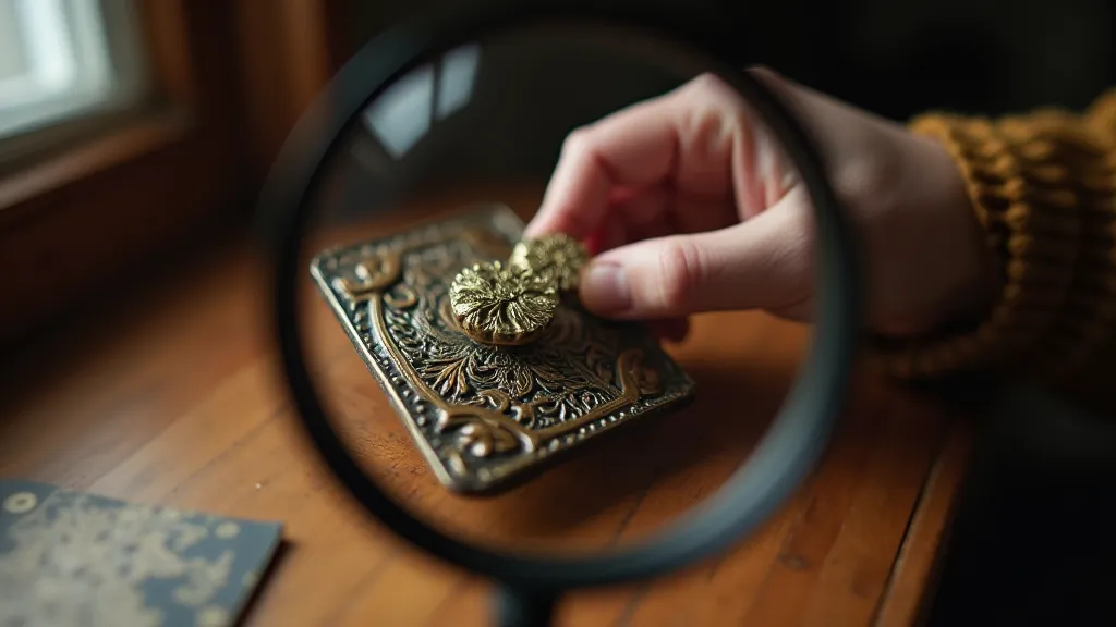 Close-up of a vintage button hook being examined