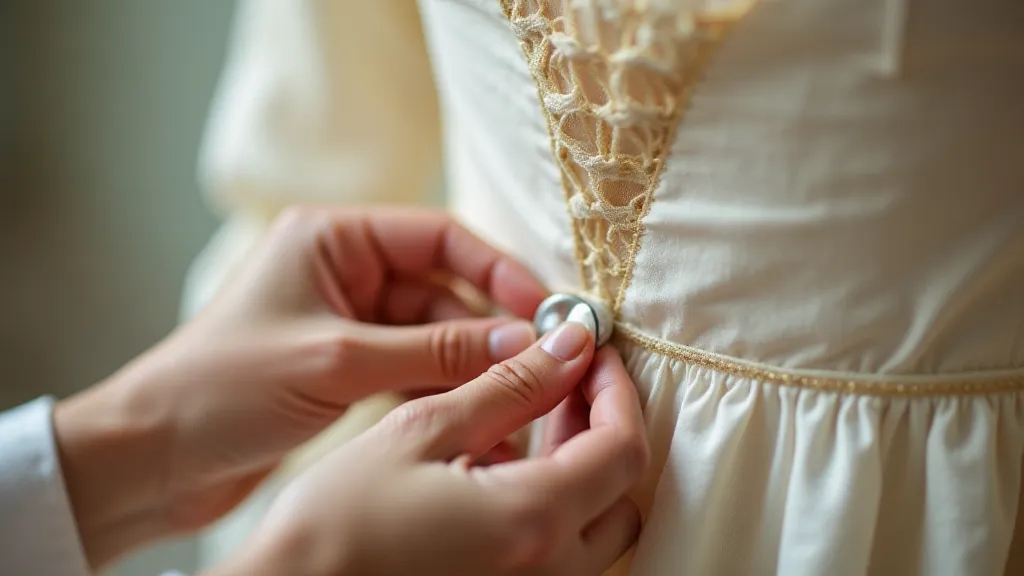 Hand fastening a button on a gown with a button hook