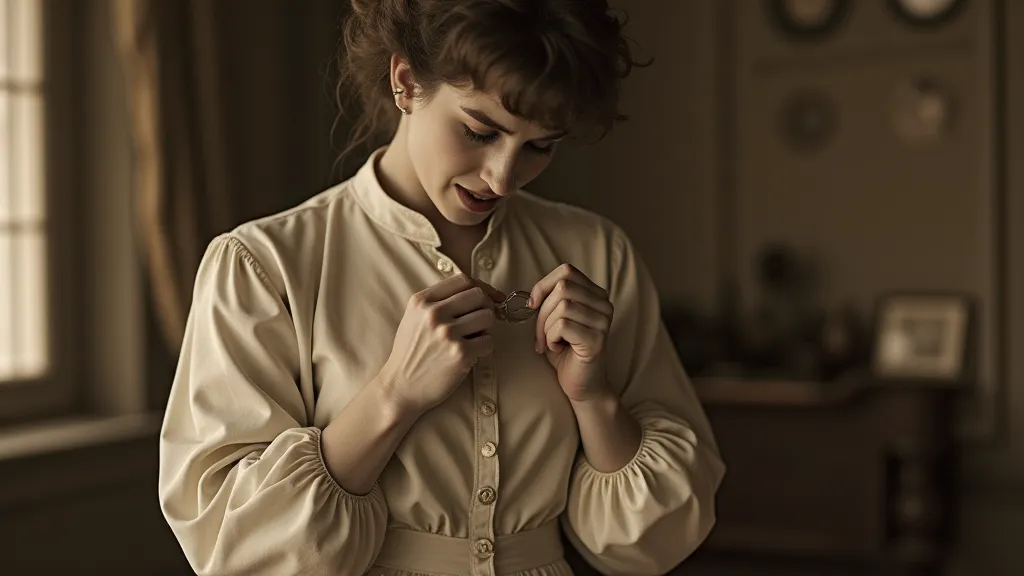Woman struggling to fasten a button with a button hook