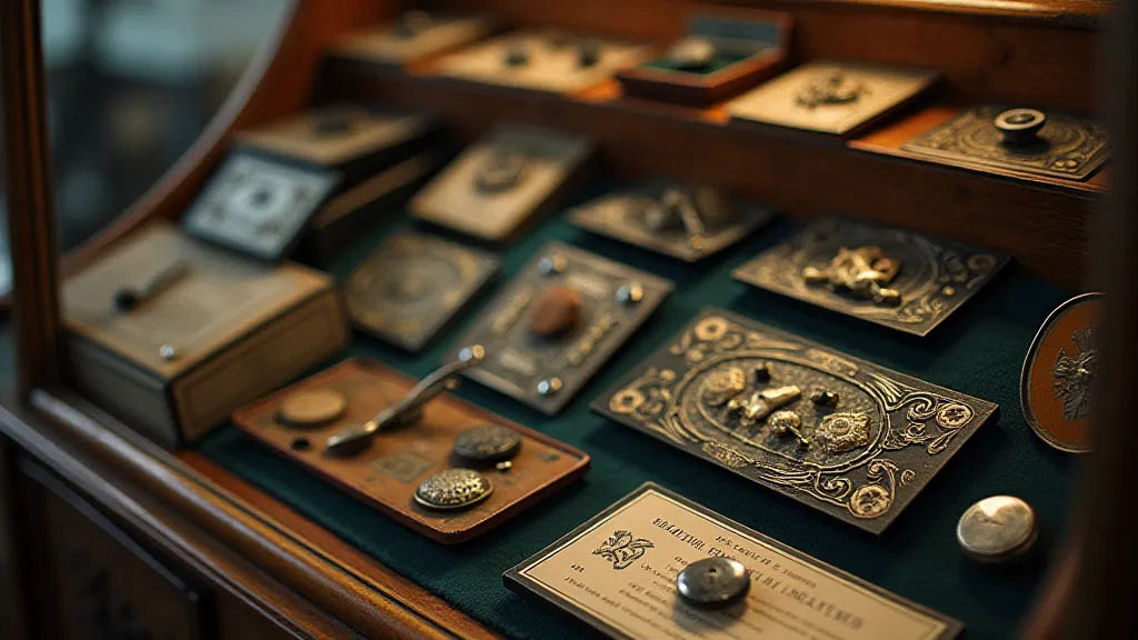 Collection of antique button hooks in a display case