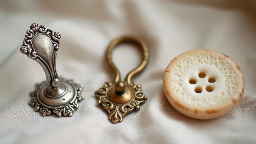 Three vintage button hooks arranged on linen